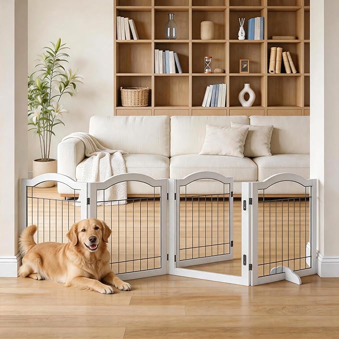 Vantas Folding No-Assembly Dog Door Pet Gate 96" Wide, 30" Tall Wooden Dog Gate with Door Walk Through, Freestanding Wire Pet Gate, Pet Puppy Safety Fence, with 2PCS Support – White