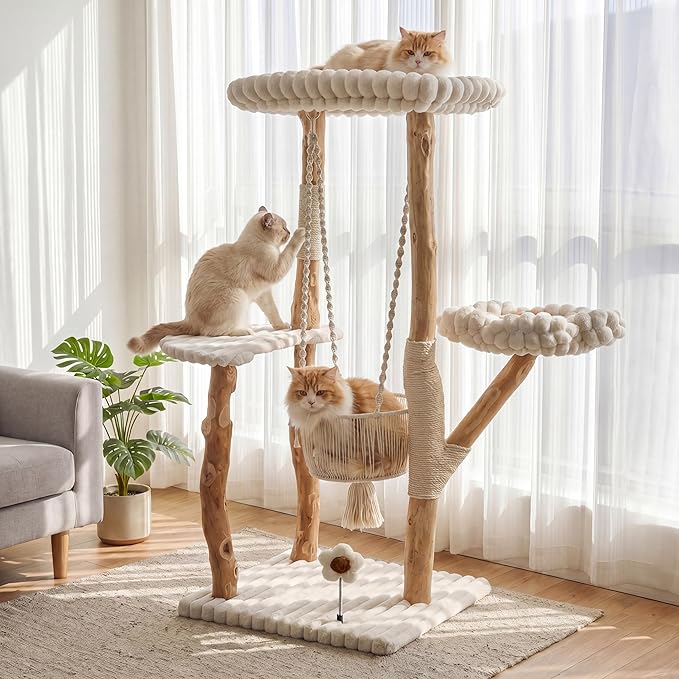 Solid Wood Cat Tree with Scratching Posts, 52 Inch Tall Cat Tower with Swinging Basket Hammock, Washable Cushion, Dangling Toy, Wood Climbing Cat Tree for Indoor Multi-Cats, Easy Assembly