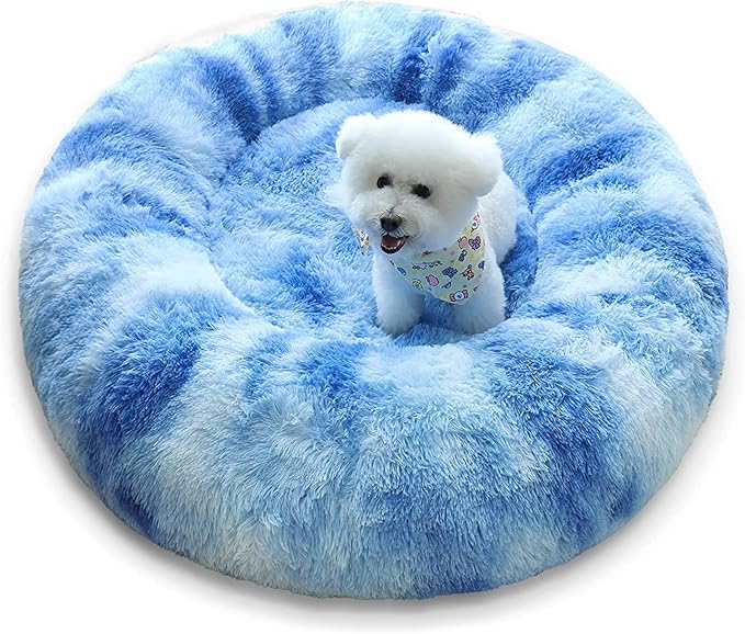 Patas Lague Calming Dog Bed for Large Dogs, Fluffy Soft Cozy Cat Bed, Faux Fur Anti-Anxiety Plush Washable Pet Donut Cuddler for All Seasons 36IN, Blue