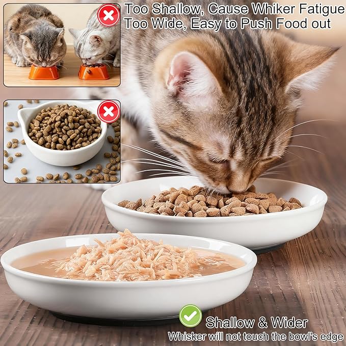 3 Pack Ceramic Cat Food Bowls Non Slip Cat Plates Anti Whisker Fatigue Healthy Ceramic Cats Dishes Set for Indoor Shallow Wide Kitten Plates for Food and Water, Pet Dishes for Cats with Rubber Base