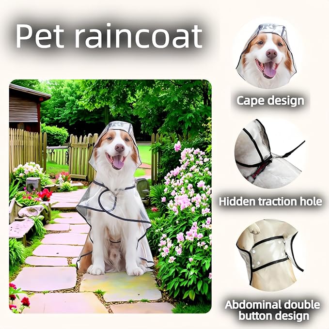 Transparent Dog Rain Poncho for Small Medium Dogs - Thick Waterproof Raincoat with Hidden Leash Hole & Adjustable Snaps, Windproof Hooded Cape for Bichon Poodle (Small)