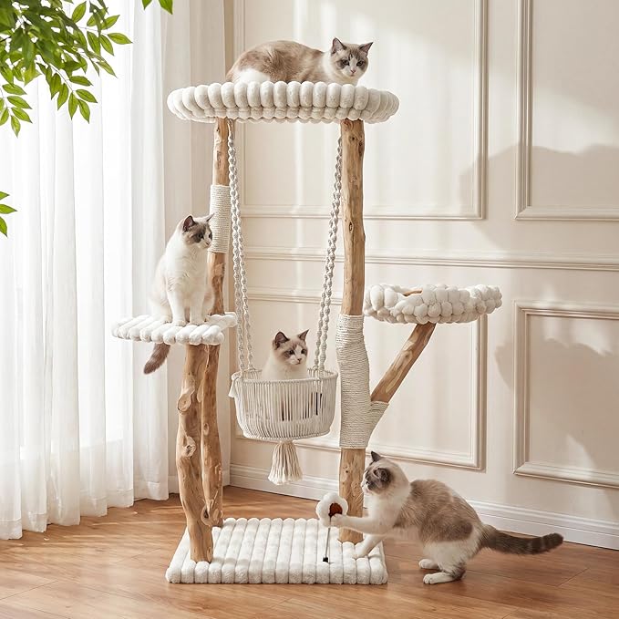 Solid Wood Cat Tree with Scratching Posts, 52 Inch Tall Cat Tower with Swinging Basket Hammock, Washable Cushion, Dangling Toy, Wood Climbing Cat Tree for Indoor Multi-Cats, Easy Assembly
