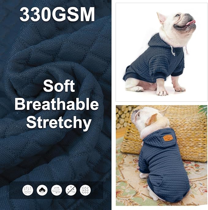 BEAUTYZOO Small Dog Hoodie Sweater with Pockets, Dog Clothes for Small Medium Dogs Boy Girl, Waffle-Like Laminated Cotton Pet Coats with Hat and Leash Hole, Navy Blue ML
