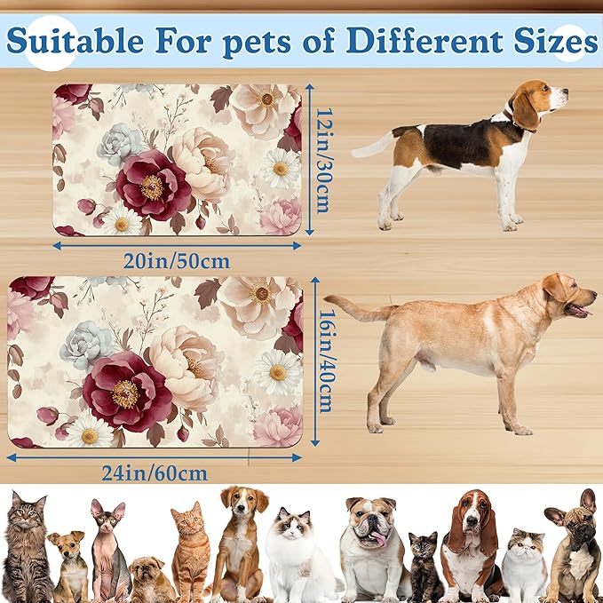 Vintage Floral Rose Pet Feeding Mat–Quick Dry Absorbent Dog Cat Food Mat, Non Slip Waterproof Bowl Placemat for Messy Eaters, Pet Accessories for Floors 16"x24"