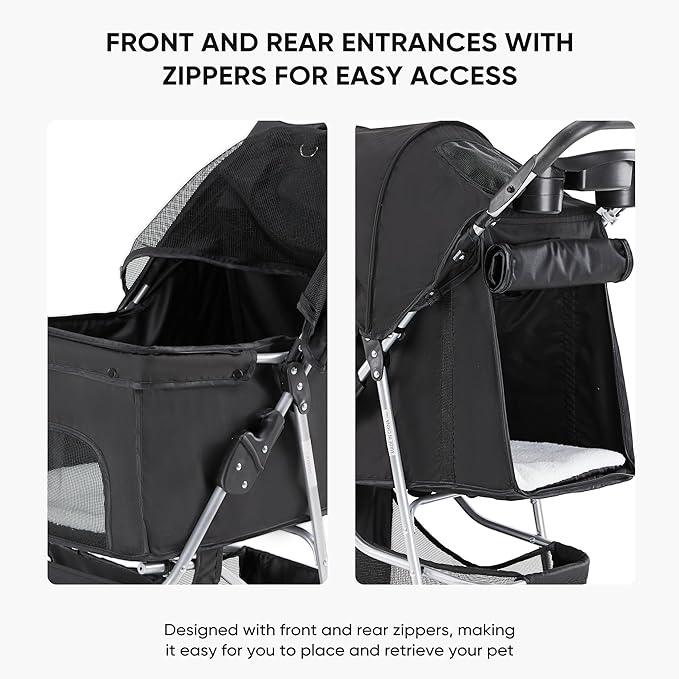 NEWBULIG Pet Stroller for Dogs, Cats Stroller with 3 Wheel, Foldable, Lightweight and Durable, Ideal for Small to Medium Pets, Includes Storage Basket and Cup Holders, Black