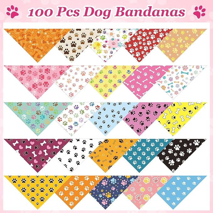 Abbylike 100 Pcs Paw Print Dog Bandanas Bulk Cute Footprint Bandanas for Dogs Triangle Kerchief Bib Scarf for Pets National Dog Day Party Costume Photo Props Accessories Pet Shops (19.7 x 13.8 x 13.8)