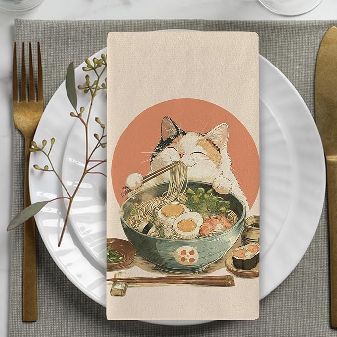 Funny Cat Japanese Food Kitchen Dish Towels Set of 2, Pet Sushi Ramen Noodles Drying Hand Towel Baking Cooking Cloth, Asian Cuisine Restaurant Dinning Room Home Decor 18'' x 26''