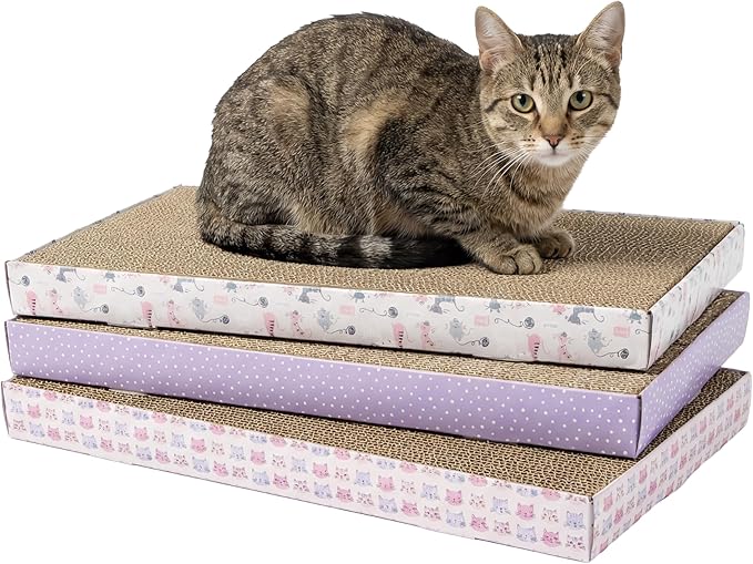 Kitty City 3-Pack XL Double Sided Corrugate Cat Scratcher Pads - X-Large Horizontal Cat Scratcher Mats, Reversible Corrugate Nail File Scratchers - Pink Cats Design, 18” x 10” Each