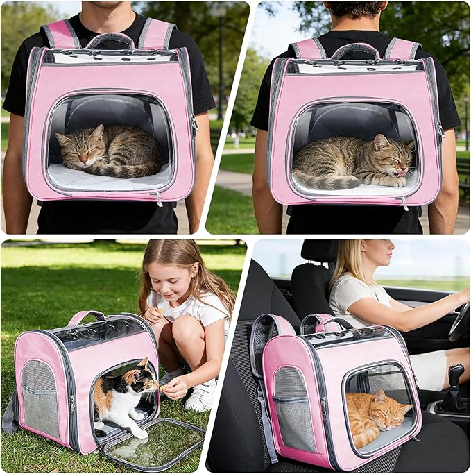 Cat Soft-Sided Carrier Backpack, Breathable Mesh Foldable Pet Travel Carrier with Reinforced Support, Portable Puppy Carrying for Kitty Up to 15lbs (Pink)