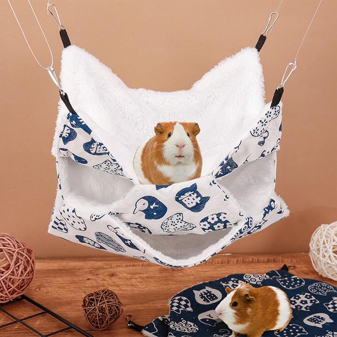 2Pcs 3-Layer Guinea Pig Hammock, Soft Arctic Fluff Linen Small Animal Hanging Bed with 4 Metal Hook, Washable Warm Cage Hammock for Hamster Rat Guinea Pig Ferret Chinchilla Sugar Glider