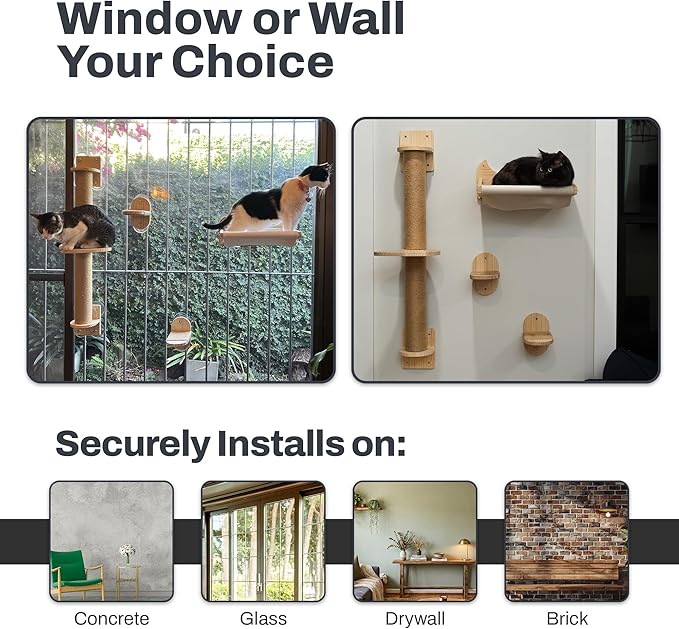 4-in-1 Window & Wall Mount Cat Wall Shelves – Hammock, Steps & Scratching Post with Landing | Space-Saving Pet Furniture for Glass & Drywall | Modern Cat Window Perch | Fits up to 40 lbs