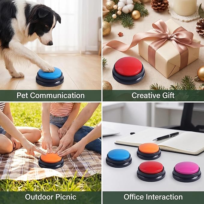 Voice Recording Button, Dog Buttons for Communication Pet Training Buzzer, 30 Second Voice Record and Playback, Funny Gift for Study Office Home 4 Pack Red/Blue/Rose/Orange