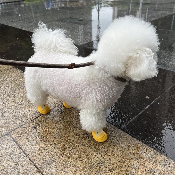 4Pcs Waterproof Dog Boots Dog Shoes for Snow and Rain Teddy Pomeranian Bichon Small Dogs Boot Size Runs Small Please Check The Size Carefully (Yellow, Medium(3-8Ib))