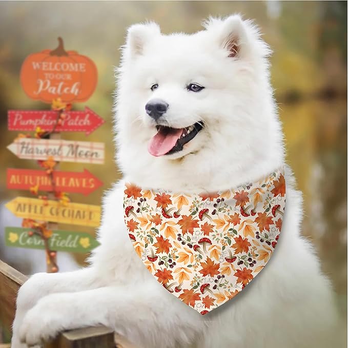 Fall Dog Bandana Reversible 2 Pack, Cute Autumn Pumpkin Leaves Fall Pet Bandanas Set Adjustable Triangle Holiday Scarves for Medium Large Extra Large Boy Girl Dogs