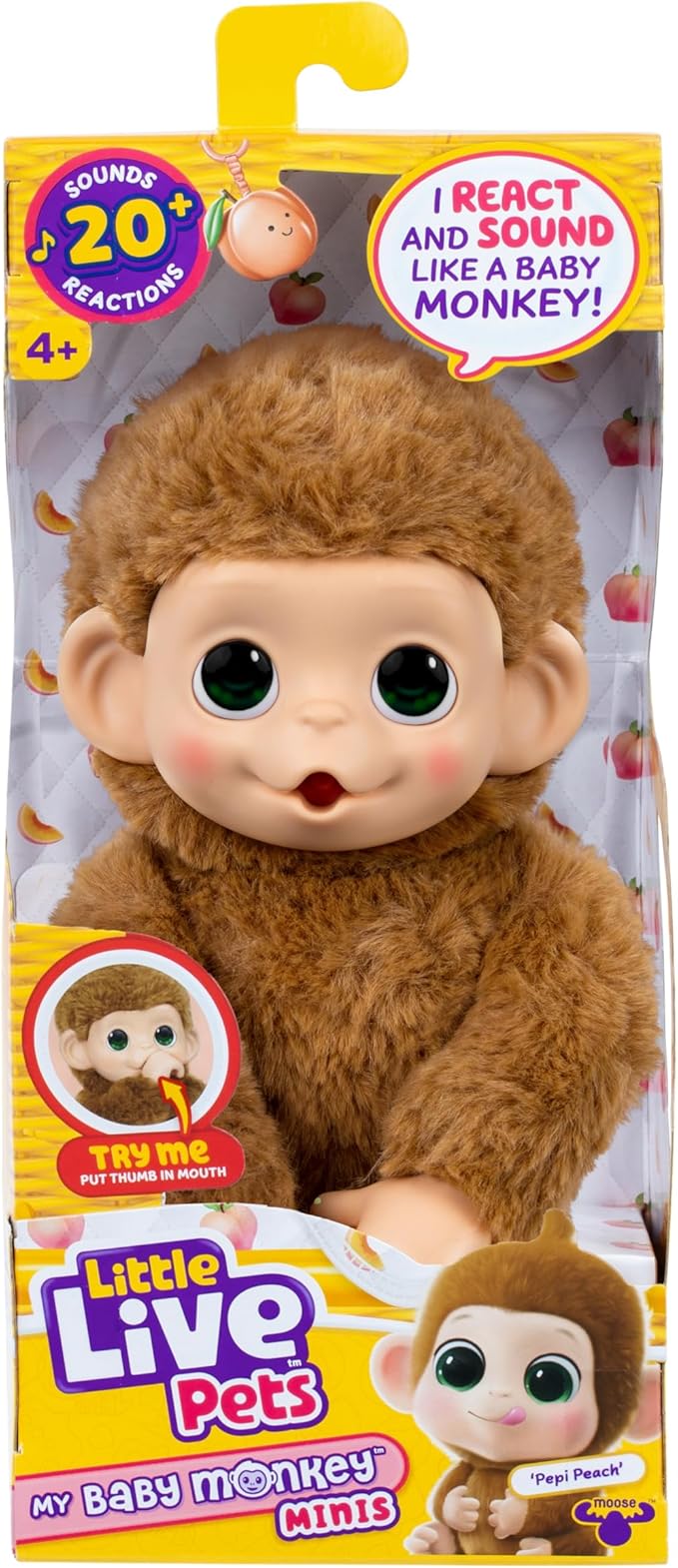 Little Live Pets Baby Monkey Minis – Pepi Peach. Interactive Pet Toy. 20+ Sounds & Reactions. Soft Brown Fur, 7.4" Tall. Super Realistic. Feed, Nurture, React. Grippy Hands & Feet. Collect All 3