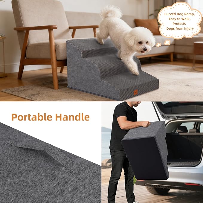 Dog Stairs for Small Dogs and Cats, 15.7" H, 3-Step Curved Pet Ramp for Couch Sofa and Chair, Non-Slip Medium Pet Steps with High Density Foam, Grey