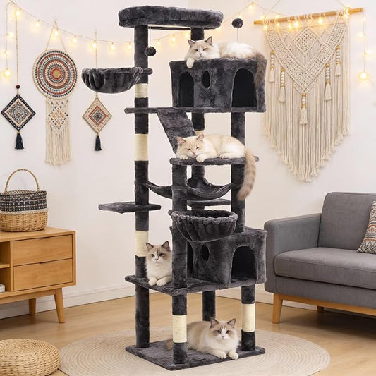 74" Cat Tree Tower with Scratching Posts, Condos, Perch, Hammocks & Toys, Cat Tree for Indoor Cats Large Adult, Ideal for Multi-Cat Households, Dark Gray
