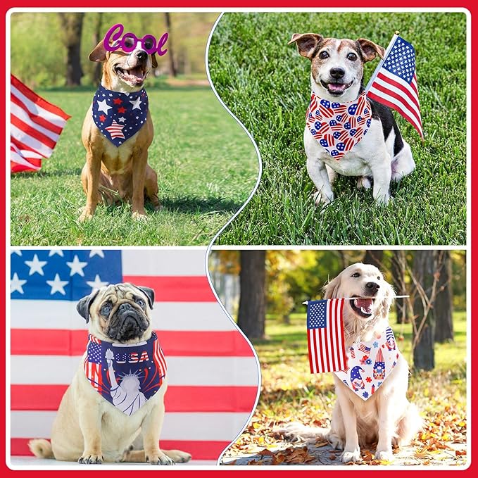 Huhumy 100 Pcs 4th of July Dog Bandanas Bulk 3 Sizes Dog Washable Bandana Adjustable Washable Patriotic Scarf for Small Medium Large Dogs, Independence Day Designs