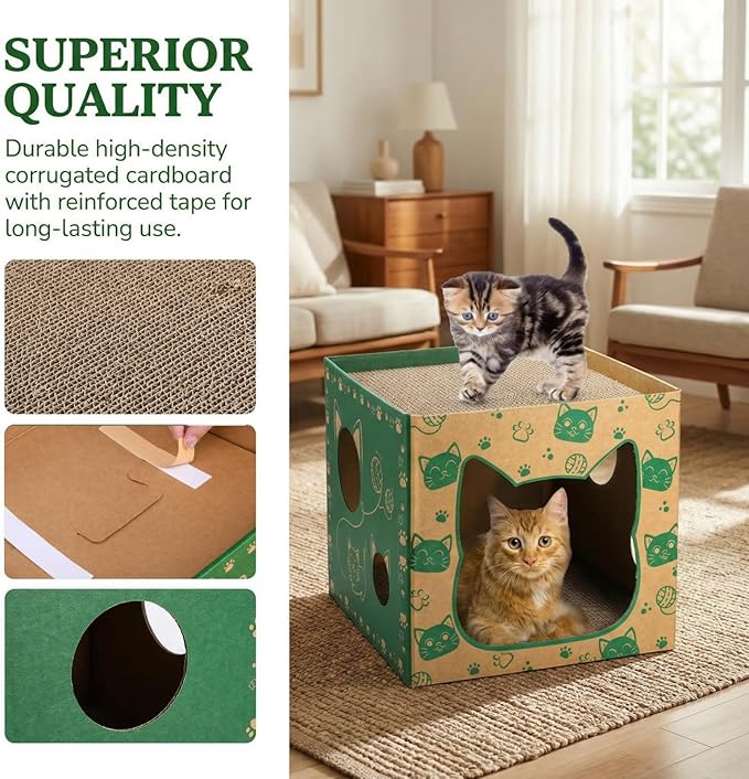 Pumtus 2 Pack Cardboard Cat Houses, Cat Play House with 2 PCS Scratching Pad, Corrugated Kitten Hideaway Cave, Cute Cats Condos Box, Cat Scratching Toy, Scratcher Bed for Indoor Cats, Kittens, Bunny