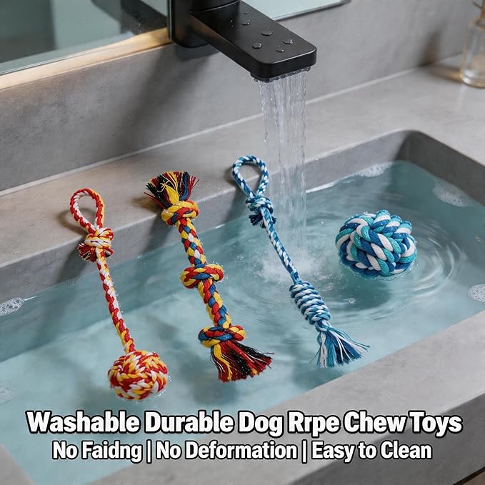 4-Pack Cotton Rope Dog Toys for Small-Medium Breeds, Puppy Teething Chews, Durable Tug-of-War & Fetch Toys for Indoor/Outdoor Play, Aggressive Chewers, Boredom Relief, Teeth Clean