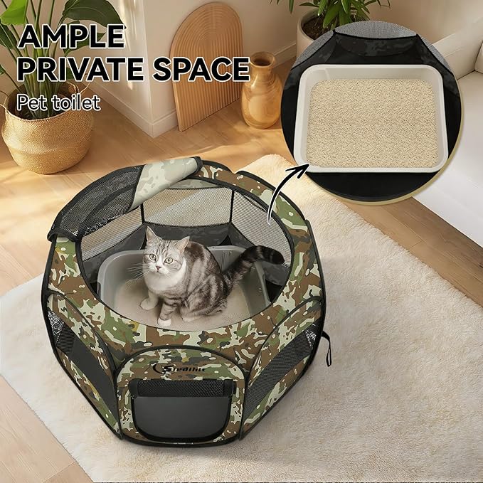 Pink Puppy Playpen for Middle Dog Cat, Dogs Tent Crate Cage Indoor/Outdoor, Portable Pop Up Dog Kennel with Carrying Bag for Rabbits, Removable Top (Green Camo, Small)