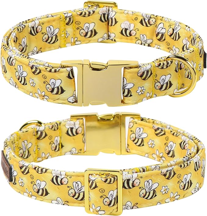 Lionet Paws Spring Dog Collar with Bow tie,Cute Summer Bees Yellow Dog Collar Bow Tie for Large Dogs Female, Neck 16-24 inches