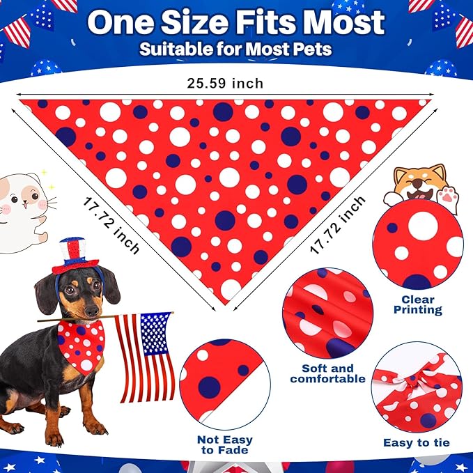 72 Pcs 4th of July Dog Bandanas Patriotic Dog Bandana Bulk Adjustable Washable Pet Triangle Scarf Soft Kerchief Bib for Independence Day Holiday Pet Costume Accessories