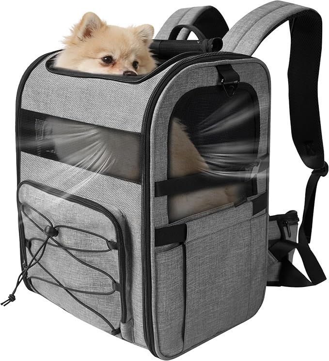 Dog Carrier Backpack for Small Dogs - Breathable Mesh Hiking Bag with Safety Buckle, Adjustable Straps and Elevated Pad - Durable for Hiking (Fits Small Cats Too, Up to 17lbs, Gray)