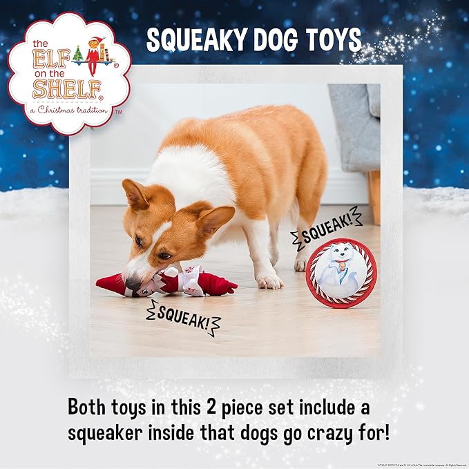 The Elf on the Shelf 2pc Dog Toy Set with Elastic Scout Elf + Elf Pets Arctic Fox Plush Flattie Disk, Squeaky Dog Toys | Bungee Dog Toys for Tug | Stocking Stuffers for Dogs