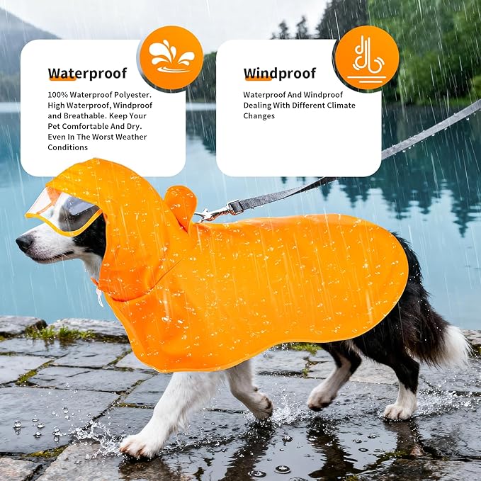 Dog Raincoat, Waterproof Windproof Dog Rain Jacket with Hood, Rain Coat with Leash Hole, Adjustable Raincoat Poncho for Small Medium Large Dogs Outdoor (Yellow, S)
