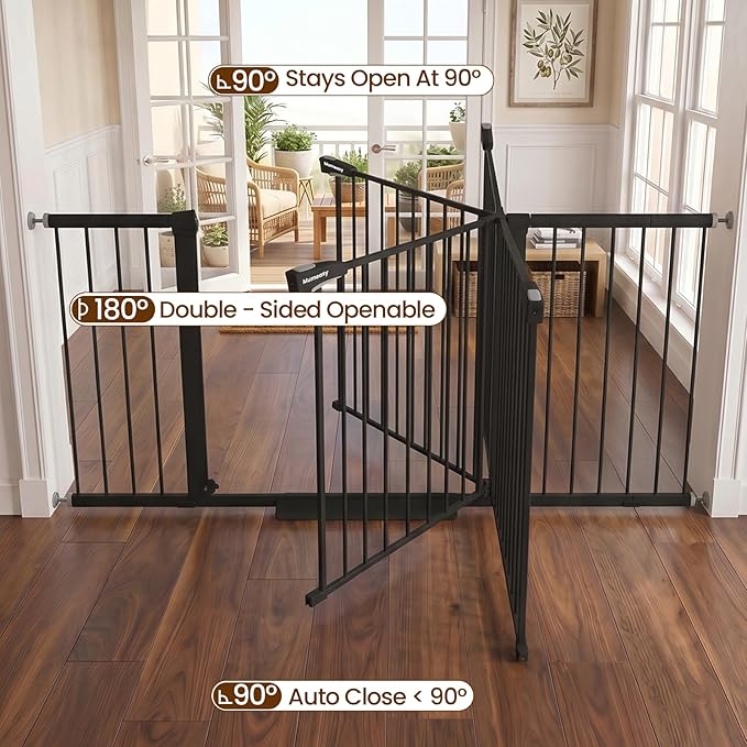 Mumeasy Extra Wide Large Baby Gate for Doorways, 36-66" Walk Through Wide Long Dog Gate for Door & Stair, Auto Close Dual Swing Pressure Mounted Child Safety Gate for Toddlers, Puppies & Pets, Black