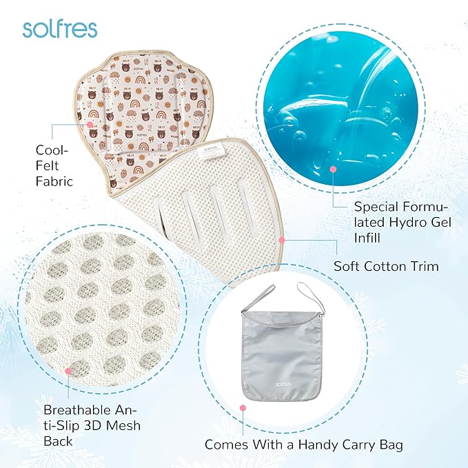 Solfres Hydro Gel Car Seat Cooler Mat with Ice Pack for Baby. Carseat and Stroller Cooling Pad Liner with Breathable 3D Mesh Anti-Slip Back. for Kids Toddlers, Beige Bear