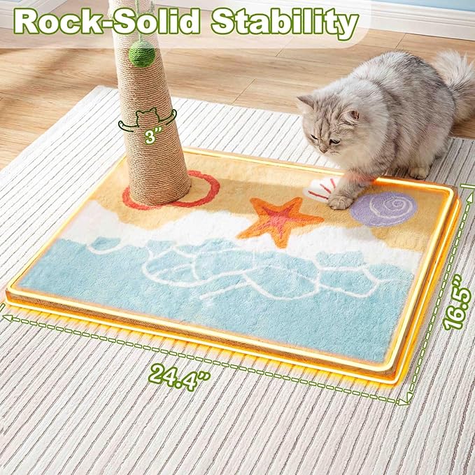 Tall Cat Scratching Post for Indoor Cats Adults, 33'' Large Cat Scratch Post with Perch, Cute Cat Scratching Post with Boho Carpet ＆ Dangling Ball Toys, White