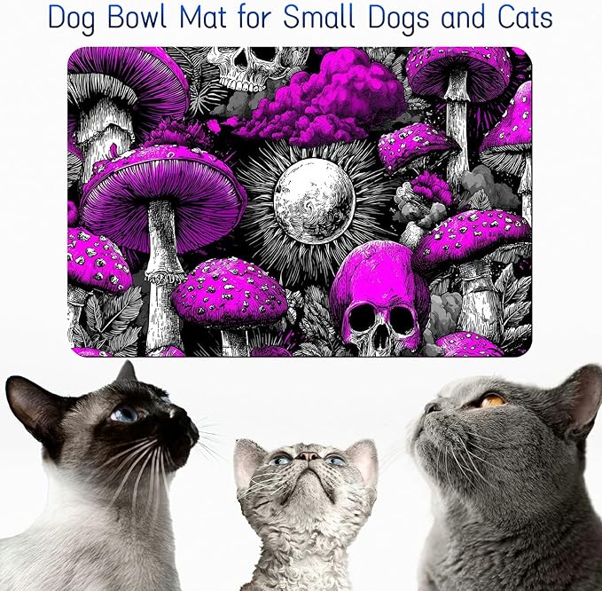 Dog Food Mat, 19.6" x 23.6" Absorbent Pet Feeding Mat for Food and Water, Waterproof Diatom Mud Pet Placemat with Non-Slip Rubber Backing, Cat Bowl Mat for Floors - Purple Mushroom Skull