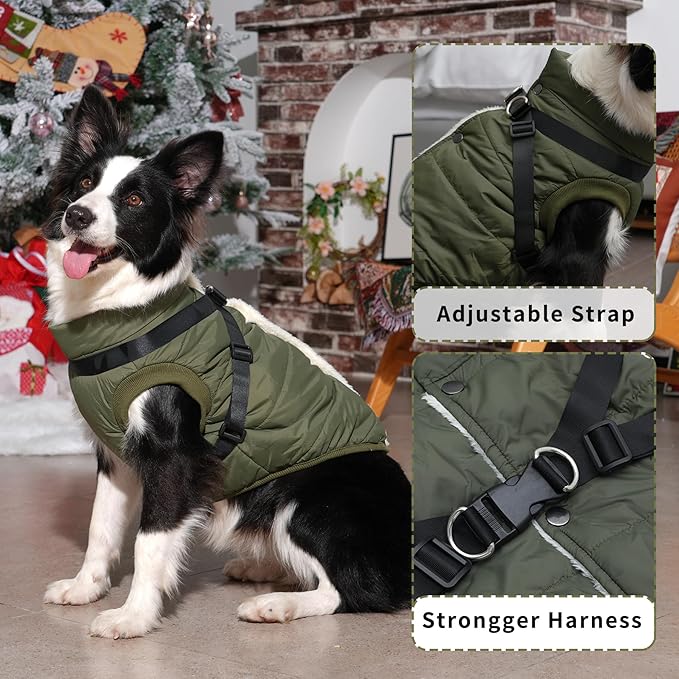 JoyDaog Dog Jacket with Harness,Fleece Lined Warm Puppy Coat for Winter,Soft Windproof Medium Dog Vest,Green L