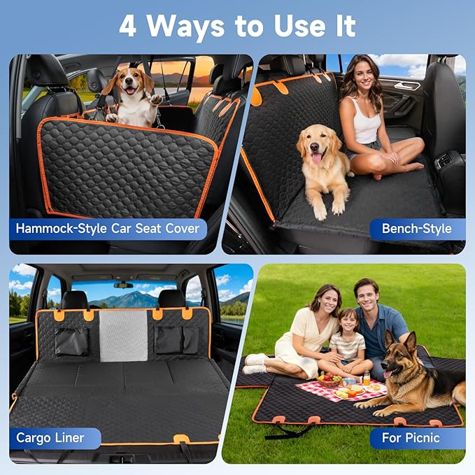 Dog Car Seat Cover for Back Seat Waterproof Oxford Fabric, Hard Bottom Back Seat Extender for Dogs Scratchproof, Dog Hammock for Car with Mesh Window, Fit Most Cars Small Trucks, Black Orange