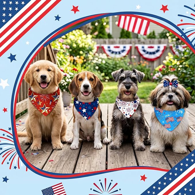 Weewooday 50 Pcs 4th of July Dog Bandanas Bulk for 250th Anniversary Patriotic Red White and Blue Triangle Scarf for Memorial Independence Day Small Medium Large (Star, 25.6 x 17.7 x 17.7 Inch)