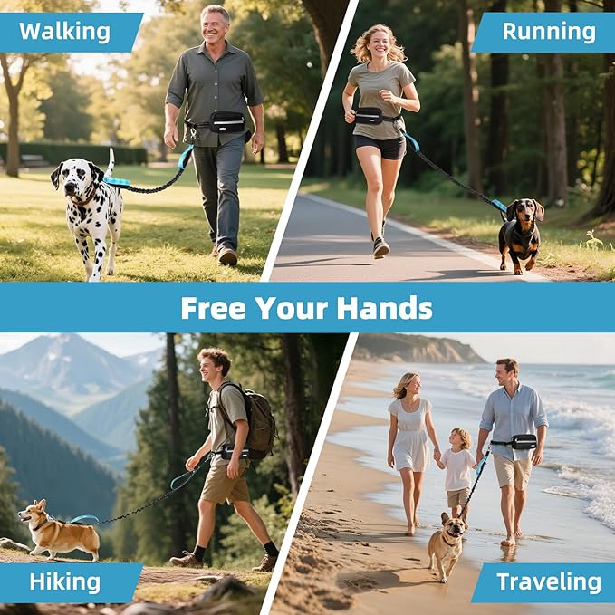 VavoPaw Hands Free Dog Leash with Pouch, Waist Leash for Dog Walking, Jogging, Hiking, Retractable Leashes with Dual Padded Handles, Adjustable Reflective Belt for Small, Medium, Large Dogs