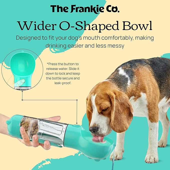 4 in 1 Dog Water Bottle Portable, Leakproof Travel Pet Water Bottle with Bowl, Poop Bag Holder & Shovel, Hydration on the go for Dogs, Dog Travel Accessories for Walking, Hiking, Outdoor, 10oz