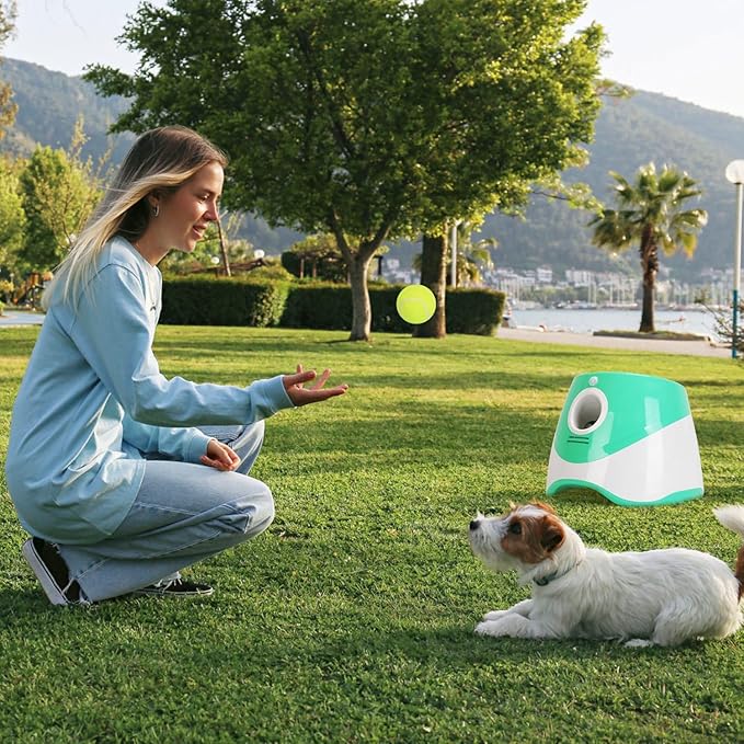 Automatic Dog Ball Launcher, Dog Ball Thrower with 9.84-29.52ft 3 Launching Distance, Rechargeable Dog Toy Mental Stimulation Training Game with 1.96" Tennis Balls for Energetic Small Medium Dogs