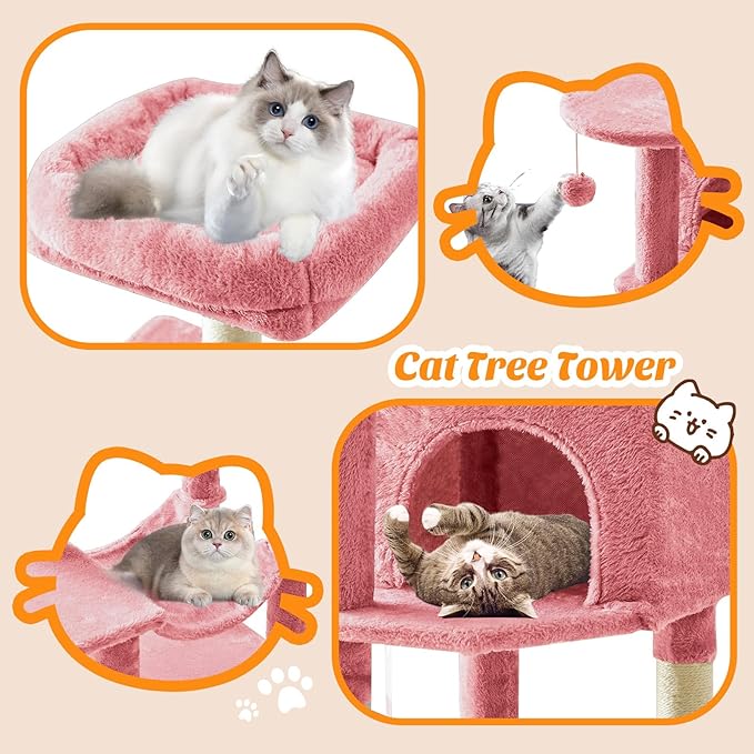 Sweetcrispy 44 Inch Cats Tree Tower, Cat Climbing Tower with Natural Sisal Scratching Posts, Hammock, Pet Condo for Indoor Cats and Kittens Play, Pink
