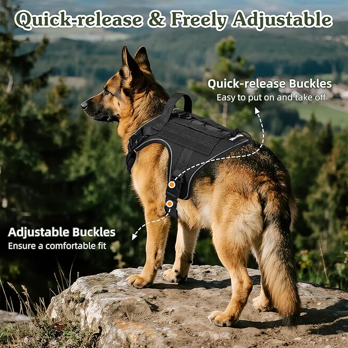 VavoPaw Heavy Duty Tactical Dog Harness for Large Dogs, No Pull Adjustable Pet Harness Reflective Service Training Easy Control Pet Vest Military K9 Working Dog Harnesses, Black, XL