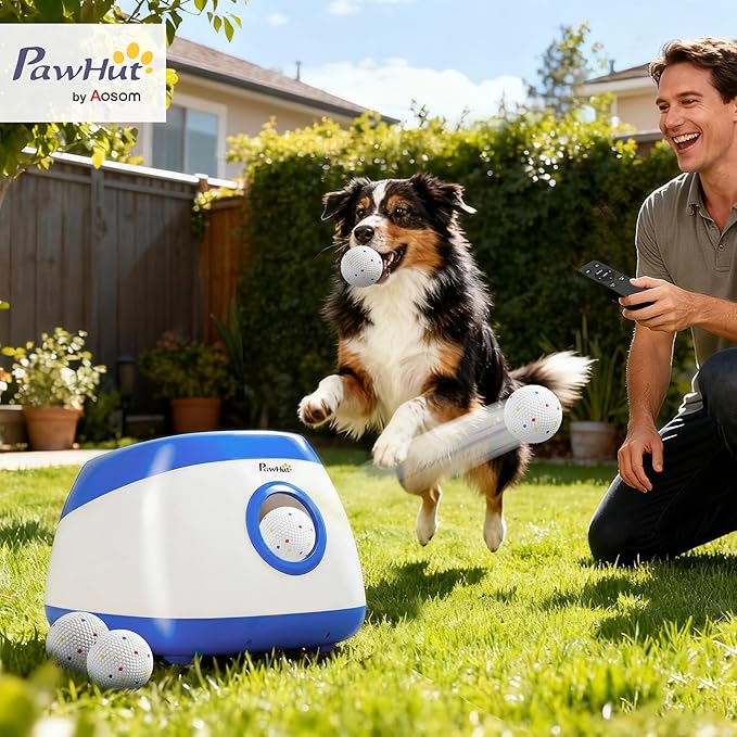 PawHut Automatic Dog Ball Launcher, Rechargeable Dog Ball Thrower with Remote Control, 3 Adjustable Distance (39ft/59ft/78ft), 6 ETPU Tennis Fetch Toys 2.5", for Medium Large Breeds, Blue