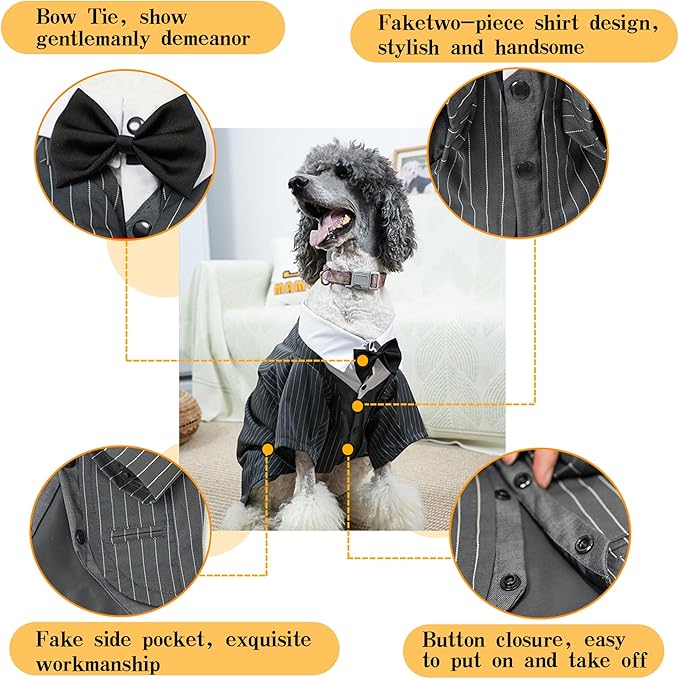 Dog Tuxedo Wedding Suit Shirt with Bow Tie, Formal Outfit Tux Attire for Puppy Small Medium Dogs Cats Costume (Pinstripe Gray, Small)