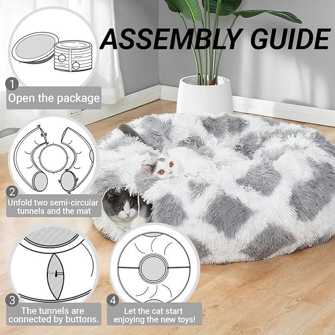 Warm Fluffy Plush Cat Tunnel Bed with Washable Cushion- Big Tube Playground Toys 3 FT Diameter Collapsible, for Indoor Cat Kitty Kitten Puppy Rabbit Ferret Gray-White Diamond Pattern