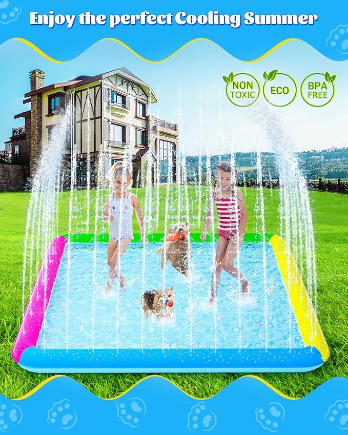 Raxurt Splash Pad, 97"- 72" Non-Slip Splash Pad for Kids and Dogs, Thickened Durable Square Dog Pool with Sprinkler Summer Outdoor Water Toys for Toddler Girls Boys Children Pet (Colorful)