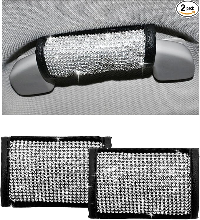 Wevdn 2 PCS Car Grab Handle Cover, Bling Rhinestone Handcraft Auto Door Handle Protector, Soft PU Leather Seat Belt Covers for Women Girls, Interior Accessories for Most Cars (White)