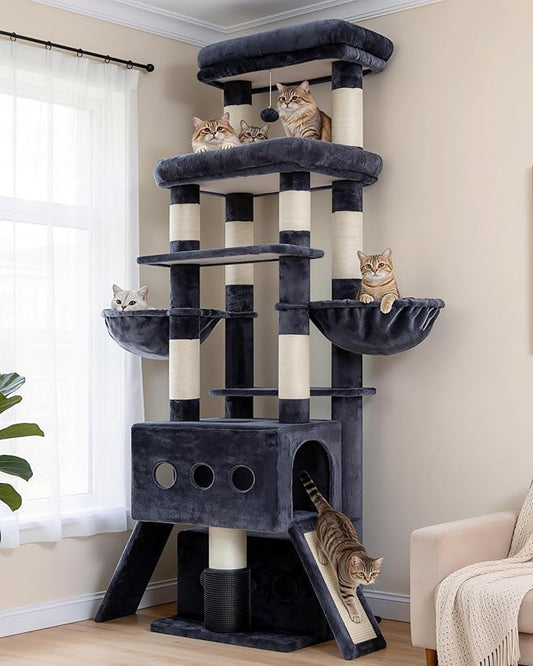 Hey-brother Cat Tree Tower, 71.5 Inches Scratching Posts with Extra Large Platform, 2 Cozy Condos, 2 Hammocks and Scratch Boards, Multi-Level House for Multiple Indoor Cats, Smoky Gray MPJ085G