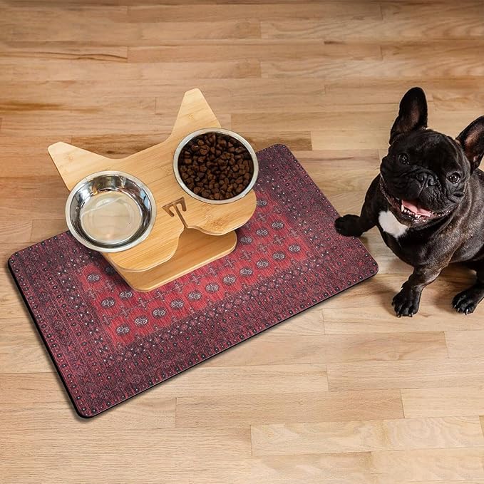 Vintage Tribal Dog Food & Water Mat, Boho Pet Feeding Mat for Floor Non-Slip Waterproof, Super Absorbent Cat Bowl Mat, Easy to Clean Durable Pet Placemat,16" × 24"