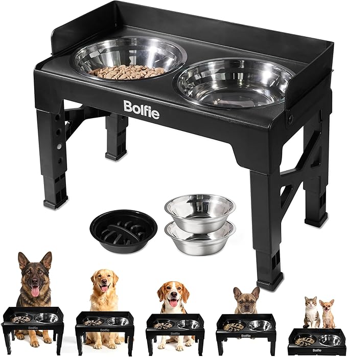 Elevated Dog Bowls for Small Medium Large Dogs 5 Adjustable Heights, 2-in-1 Raised Dog Feeder with 2 Stainless Steel Bowls & Slow Feeder, No Spill Pet Food Water Bowl Stand with Non-Slip Base